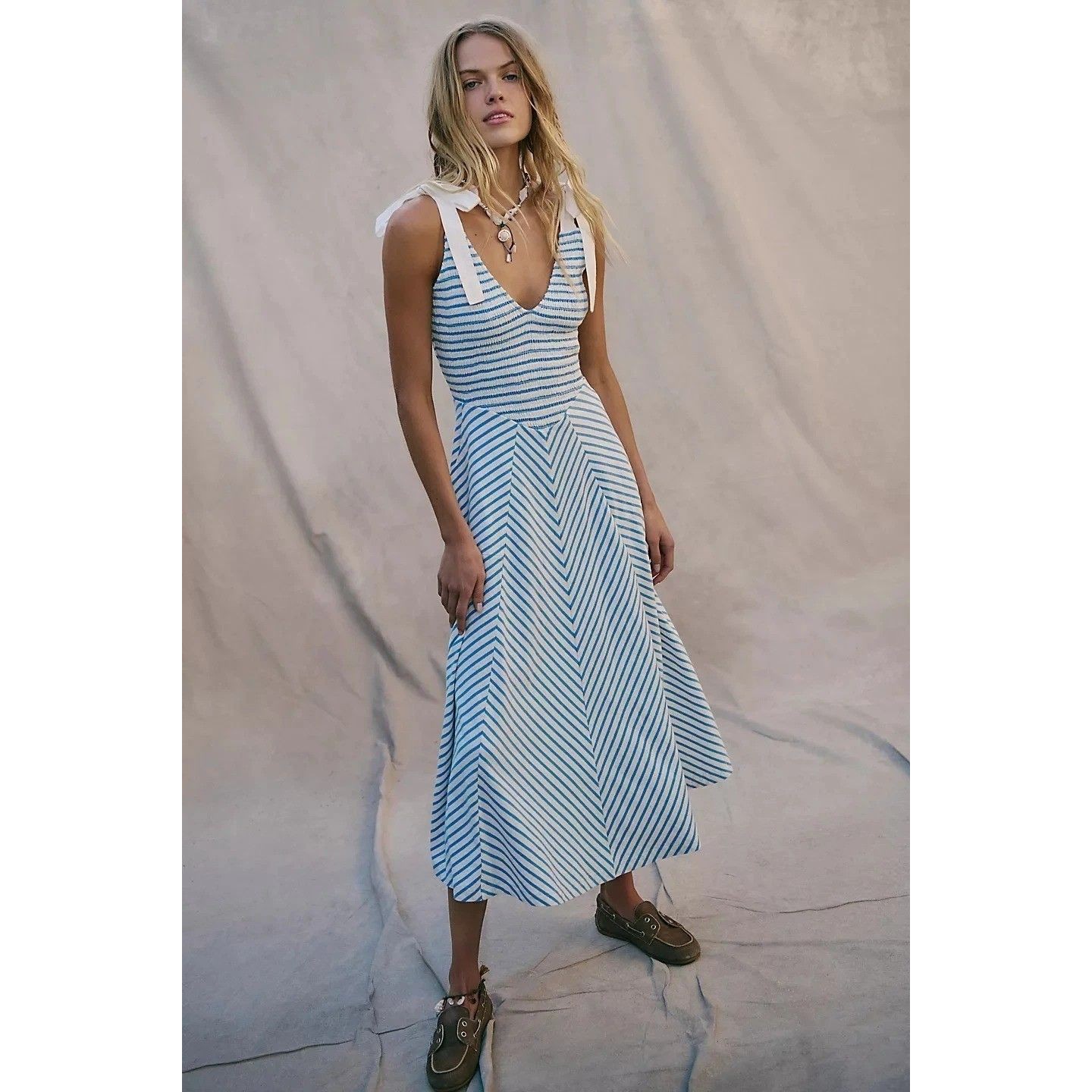 Free People Free-Est Cecelia Midi Dress Striped Printed Smocked Cotton M 286355